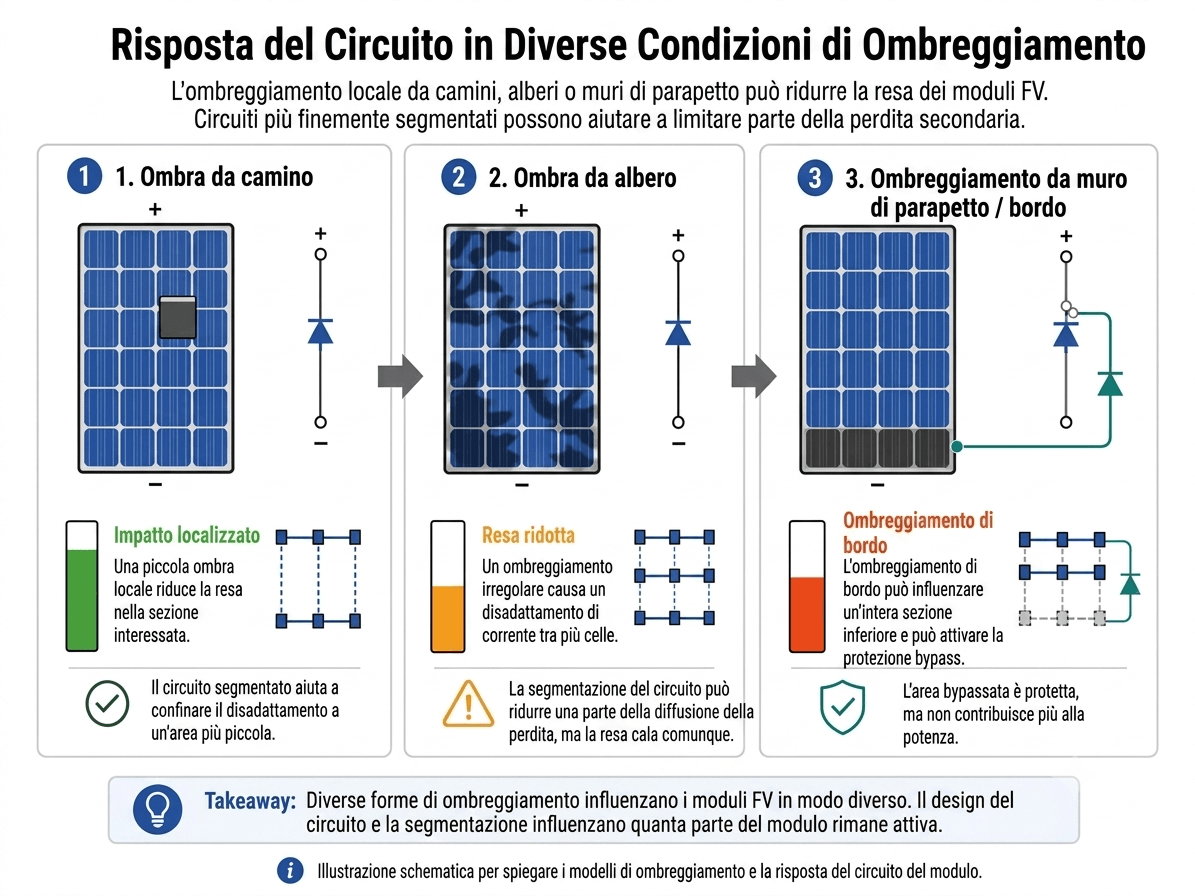 Risposta del circuito del modulo fotovoltaico a diversi schemi di ombreggiamento