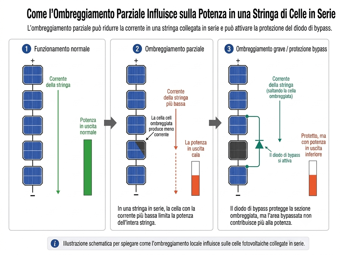 Produzione di una stringa di celle in serie in condizioni di ombreggiamento parziale