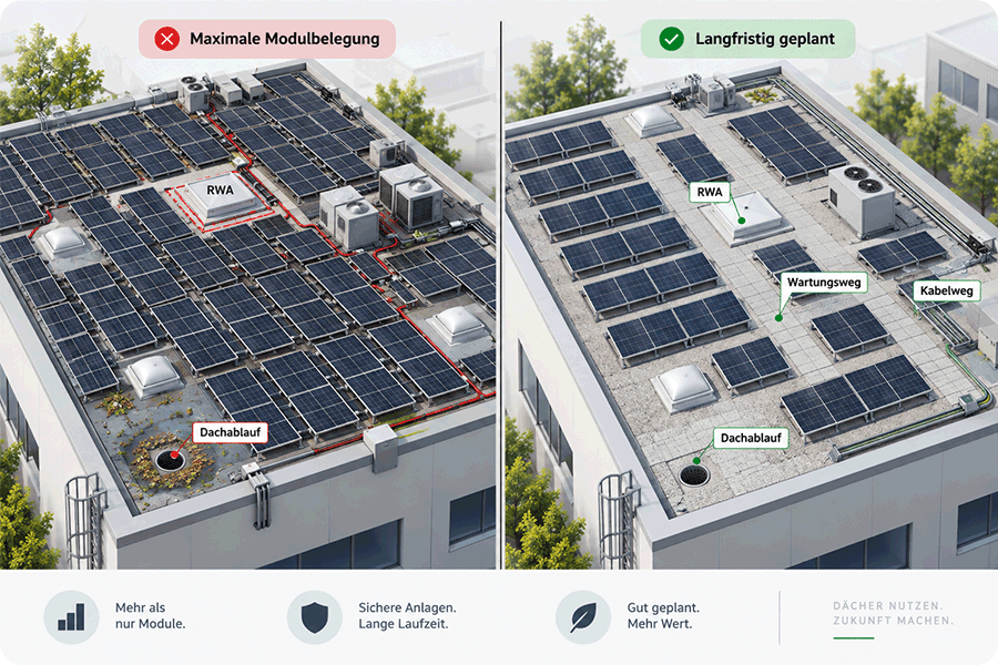 PV-Dachplanung im Vergleich: maximale Modulbelegung versus langfristige Planung mit Wartungsweg, Kabelweg und Dachablauf