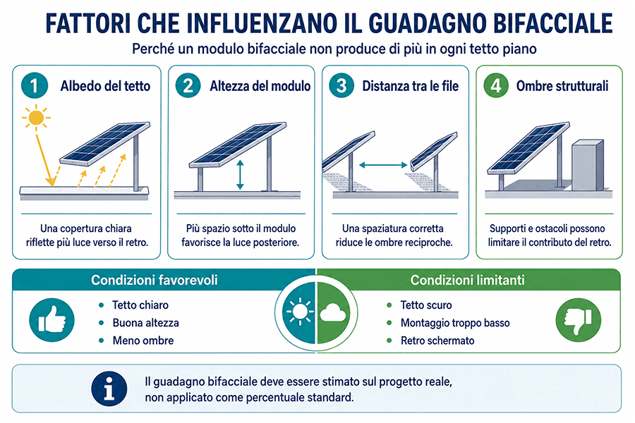 Infografica che mostra i principali fattori che influenzano il guadagno bifacciale sui tetti piani: albedo del tetto, altezza del modulo, distanza tra le file e ombre strutturali, con riepilogo delle condizioni favorevoli e dei fattori limitanti per la produzione dal lato posteriore.