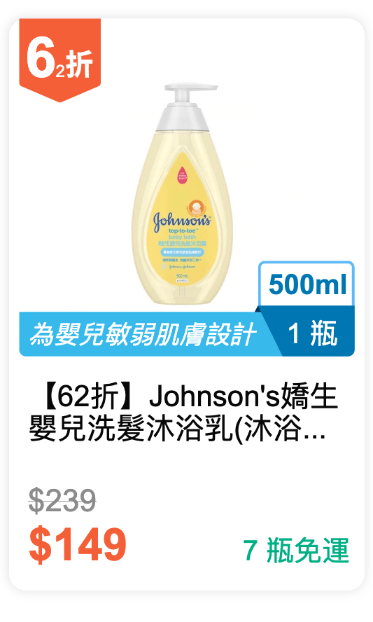 【62 折】Johnson's 嬌生 嬰兒洗髮沐浴乳(沐浴露) 500ml / 瓶