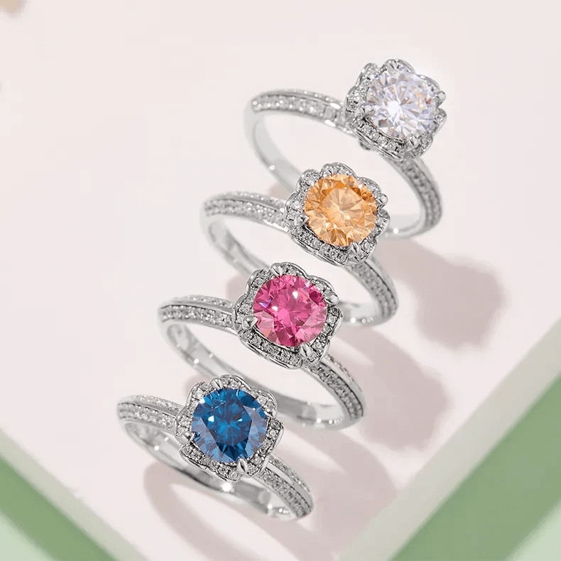 Color Moissanite Rings with Diamond Accents