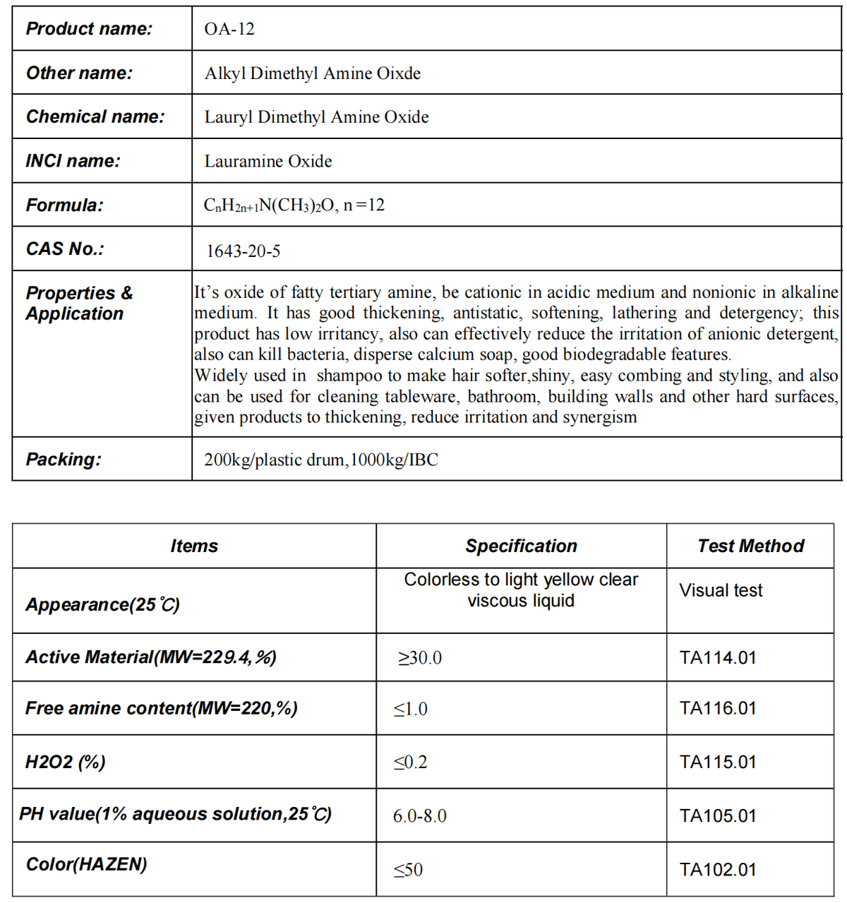 OA-12, Alkyl Dimethyl Amine Oixde, Lauramine Oxide
