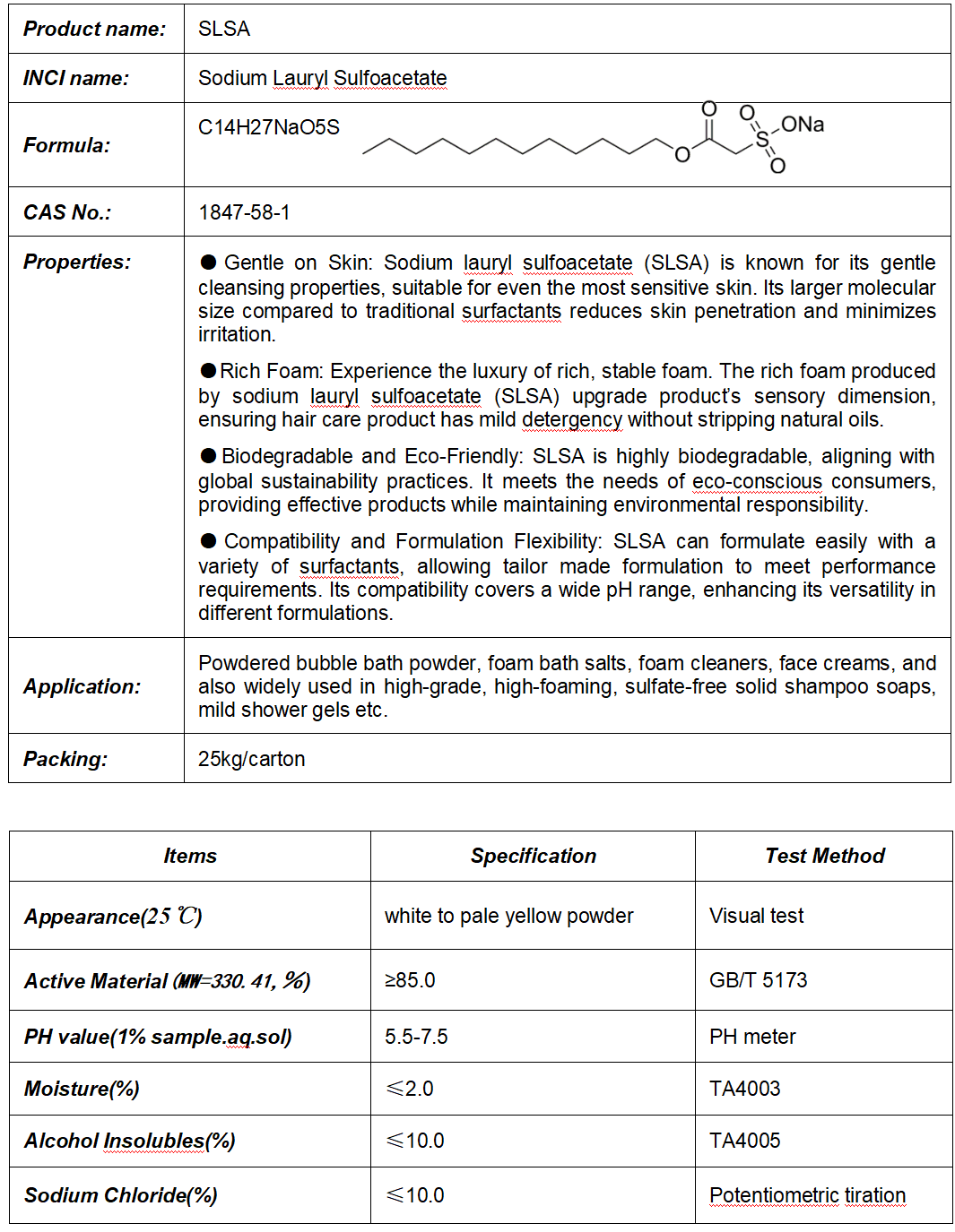 SLSA, Sodium Lauryl Sulfoacetate(sulfate free)
