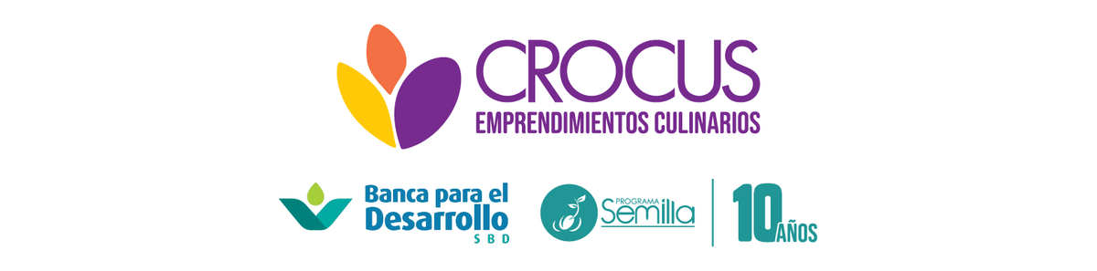 Logo Fondo Crocus, flor morada con amarillo y naranja. Logo Sistema Banca para el desarrollo, Logo Programa Semilla 10 años