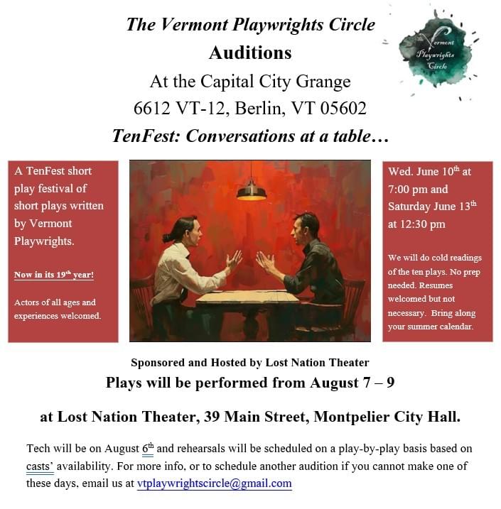 TenFest 2025 Aug 14 - 17 and 21 - 24 Curtain 7:00  pm except on Sundays, curtain at 2:00 pm.  Tickets $14 general and $12 Students and Srs. At the Valley Players Theater Building 4254 Main Street, Waitsfield, VT 05673
