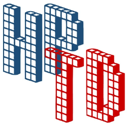 Image of the letters HPTD constructed out of red and blue blocks