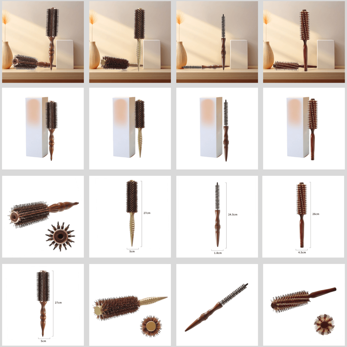 Pure Wood Round Hairbrush with Mixed Bristles and Carved Handle