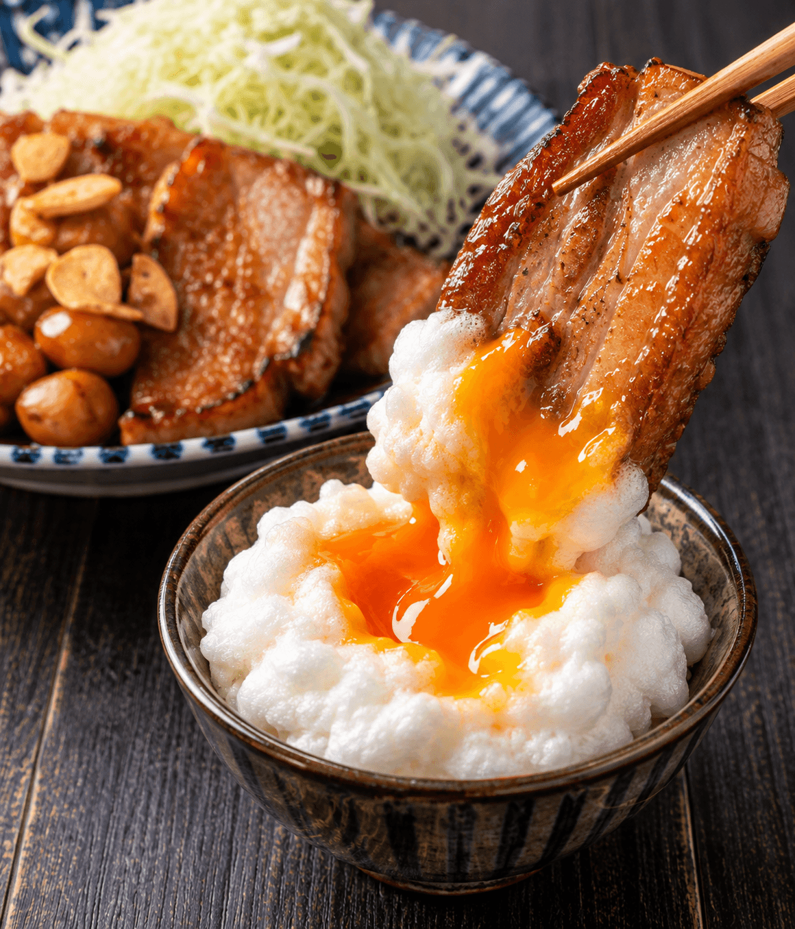 厚切り豚肉に、ふわふわのメレンゲととろける黄身を絡めて楽しむ「ふわふわメレンゲ卵」のイメージ