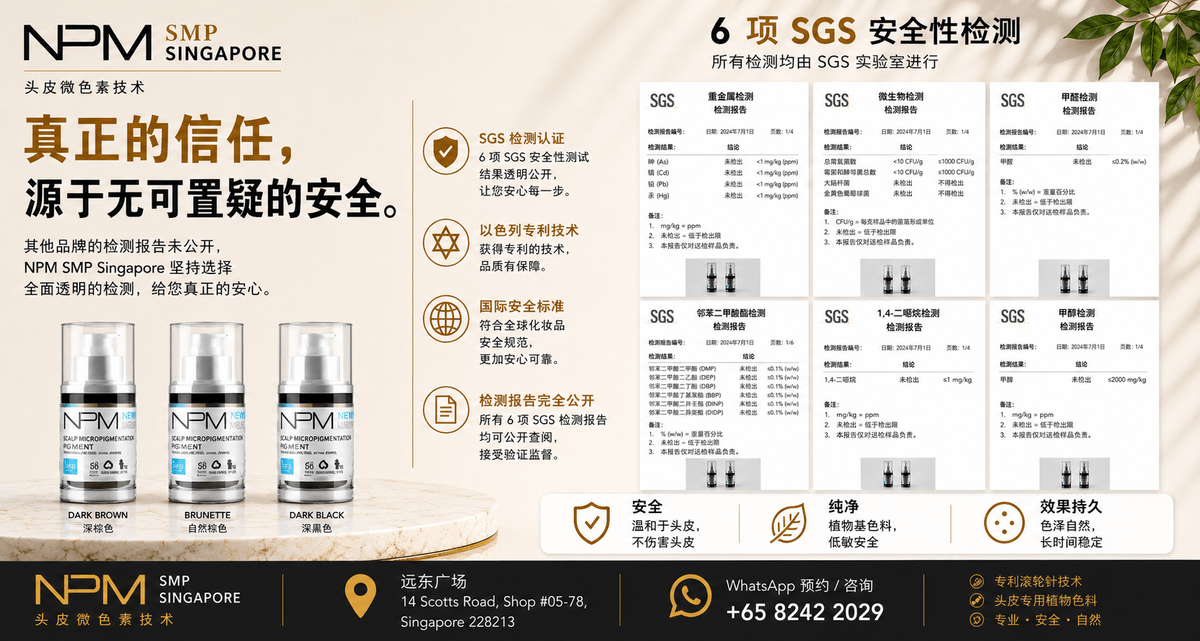NPM纹发专家(NPM SMP Singapore)采用头皮专用植物色料,并公开6项SGS安全检测报告,包括重金属、微生物、甲醛、邻苯二甲酸酯、1,4-二噁烷及甲醇检测。结合以色列专利滚针技术(Patented Roller Technology),打造更安全、更自然、更持久的 Scalp Micropigmentation(SMP)头皮纹发效果,帮助改善脱发、发际线后移、头顶稀疏及头发稀少问题。 NPM纹发专家(NPM SMP Singapore)采用头皮专用植物色料,并公开6项SGS安全检测报告,包括重金属、微生物、甲醛、邻苯二甲酸酯、1,4-二噁烷及甲醇检测。结合以色列专利滚针技术(Patented Roller Technology),打造更安全、更自然、更持久的 Scalp Micropigmentation(SMP)头皮纹发效果,帮助改善脱发、发际线后移、头顶稀疏及头发稀少问题。