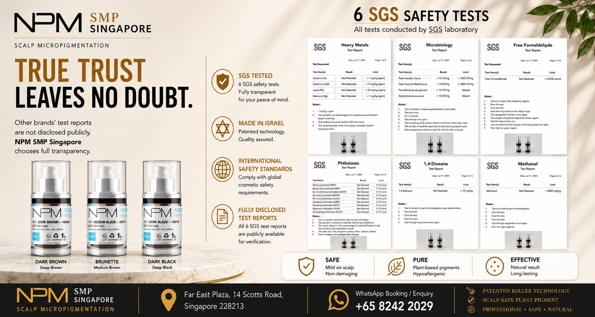 SGS Tested. Trusted by Professionals. At NPM SMP Singapore, safety is never hidden. Our scalp micropigmentation pigments are independently tested by SGS Laboratory, with six comprehensive safety reports publicly available for verification. Every pigment is manufactured in Israel using professional scalp-specific technology to provide natural-looking results while maintaining high international safety standards. Because confidence begins with transparency. SGS Tested. Trusted by Professionals. At NPM SMP Singapore, safety is never hidden. Our scalp micropigmentation pigments are independently tested by SGS Laboratory, with six comprehensive safety reports publicly available for verification. Every pigment is manufactured in Israel using professional scalp-specific technology to provide natural-looking results while maintaining high international safety standards. Because confidence begins with transparency.