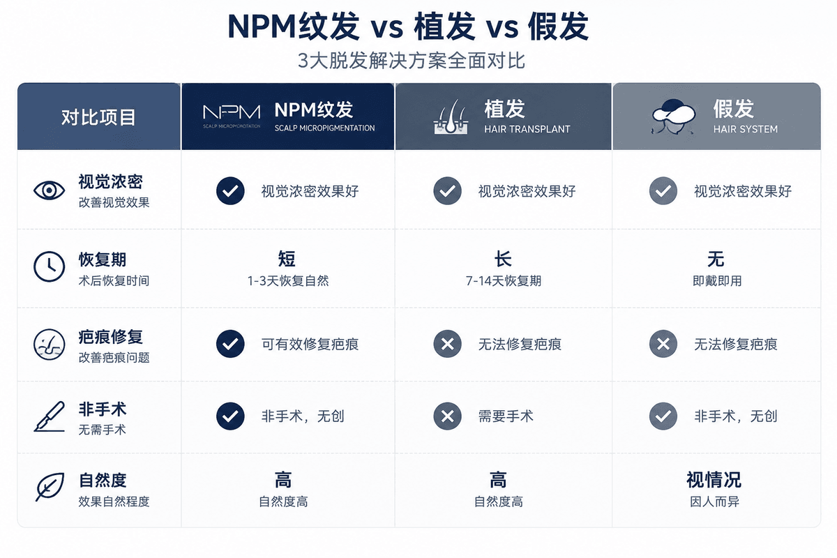 NPM-HFS毛囊仿真技术与植发、假发有什么区别？通过视觉浓密度、恢复时间、疤痕修复、自然度及非手术特性进行全面比较，帮助您了解不同脱发解决方案的特点。