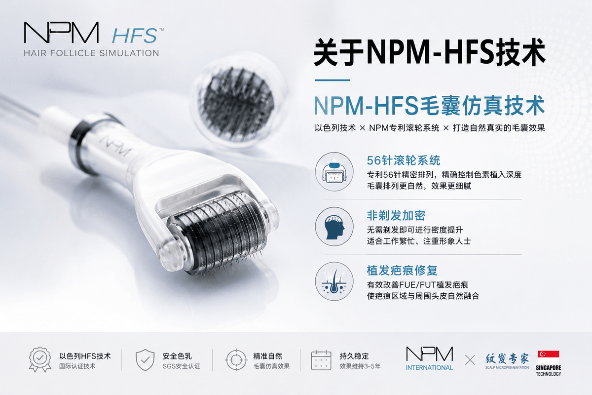 采用以色列 NPM-HFS 毛囊仿真技术及 56 针滚轮系统，打造更自然的视觉浓密效果，适用于发际线、头顶加密、女性脱发及植发疤痕修复。