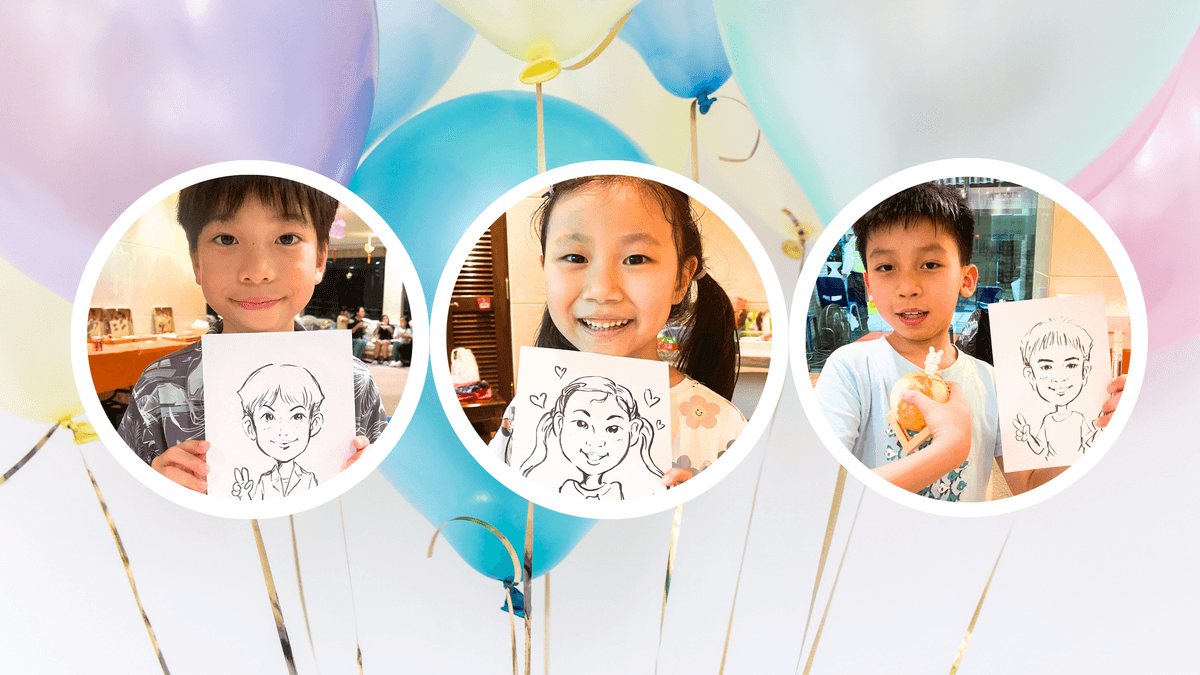 生日會人像素描 畫家根據每個人的外貌特徵、神態表情，在畫紙上快速勾勒出人像。