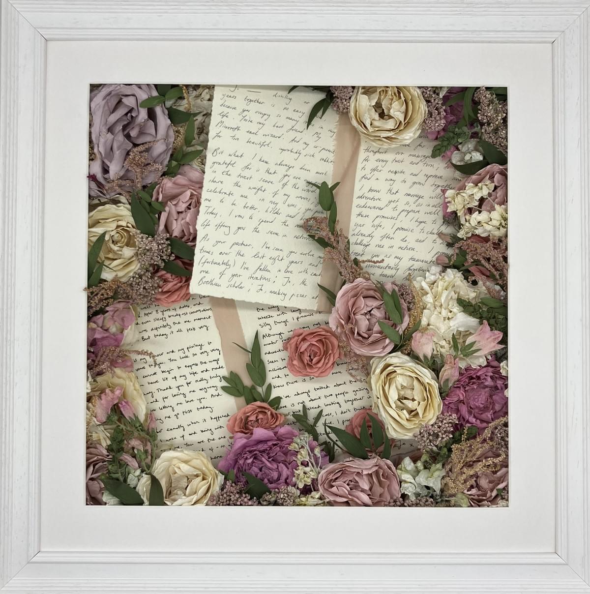 Wedding Flower memory framed keepsake in plain white frame 12" x 12" £275
