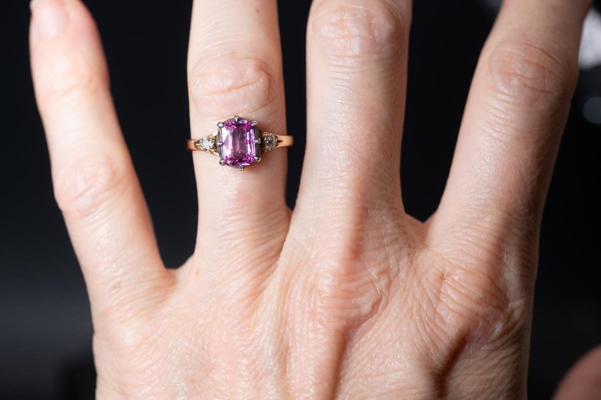 Pink sapphire and diamond ring