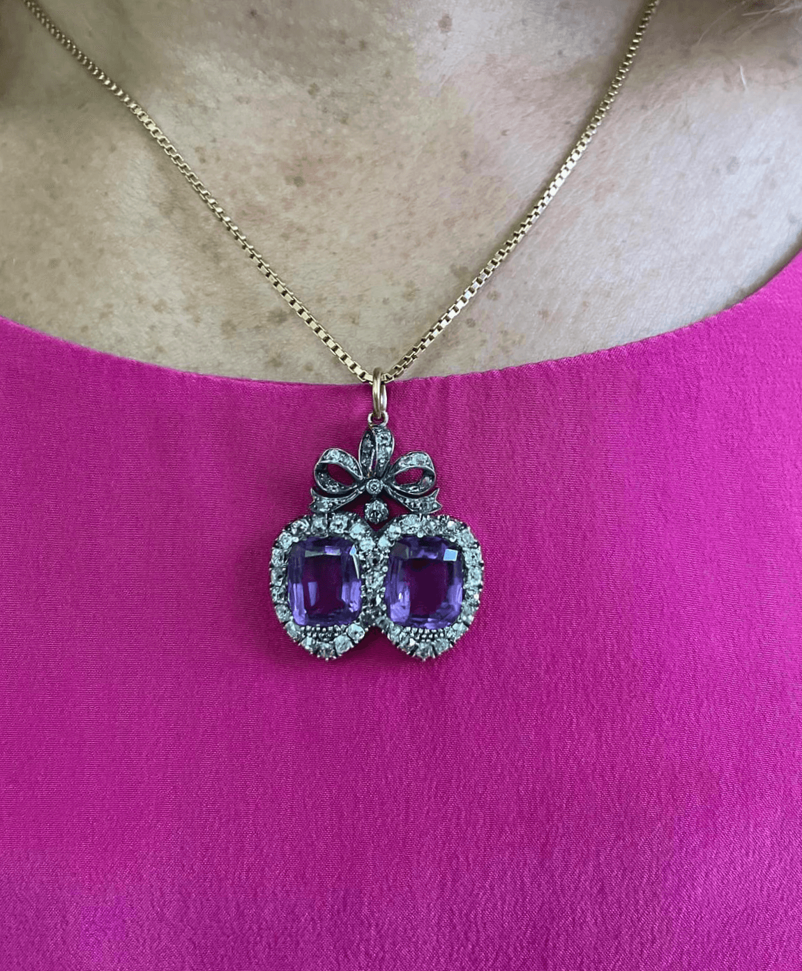 Double heart amethyst and diamond pendant