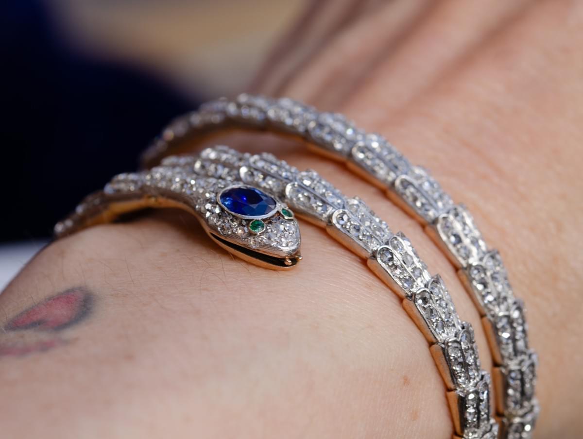 Diamond and sapphire snake bracelet