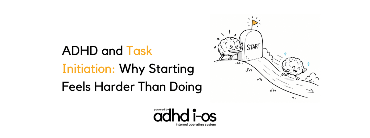 A cartoon brain struggles to push a heavy stone marker to the START line, while another brain happily runs ahead once past it, illustrating ADHD task initiation.