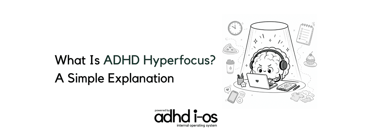 A focused cartoon brain working on a laptop inside a spotlight beam, illustrating the phenomenon of ADHD hyperfocus.