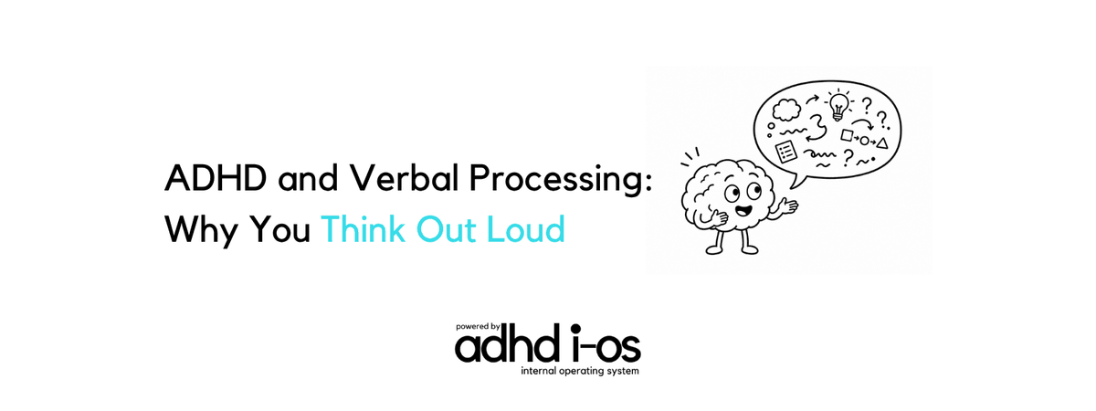 A brain character with a speech bubble of icons illustrating ADHD verbal processing and thinking out loud.