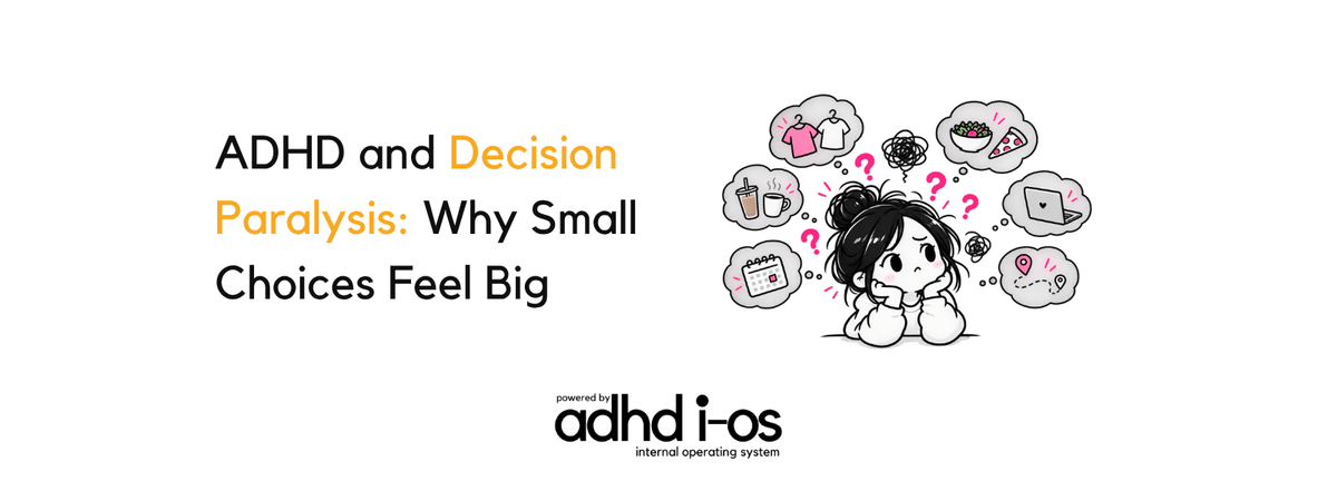 graphic for "ADHD i-OS" titled "ADHD and Decision Paralysis: Why Small Choices Feel Big," featuring an illustrated character surrounded by thought bubbles containing various choices and question marks.