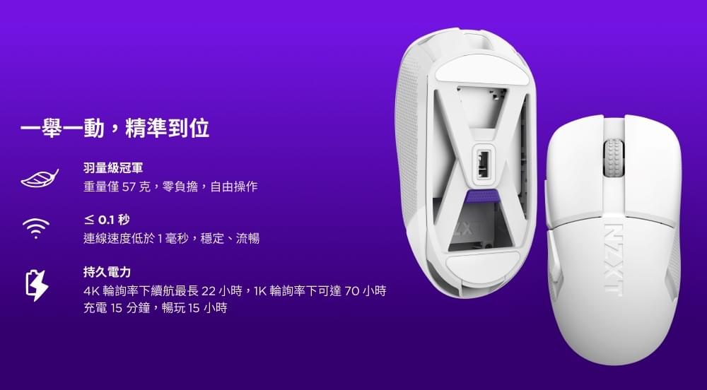 【NZXT美商恩傑】Lift Elite Wireless無線滑鼠 黑/白(57g/光微動/8K回報/26000dpi)