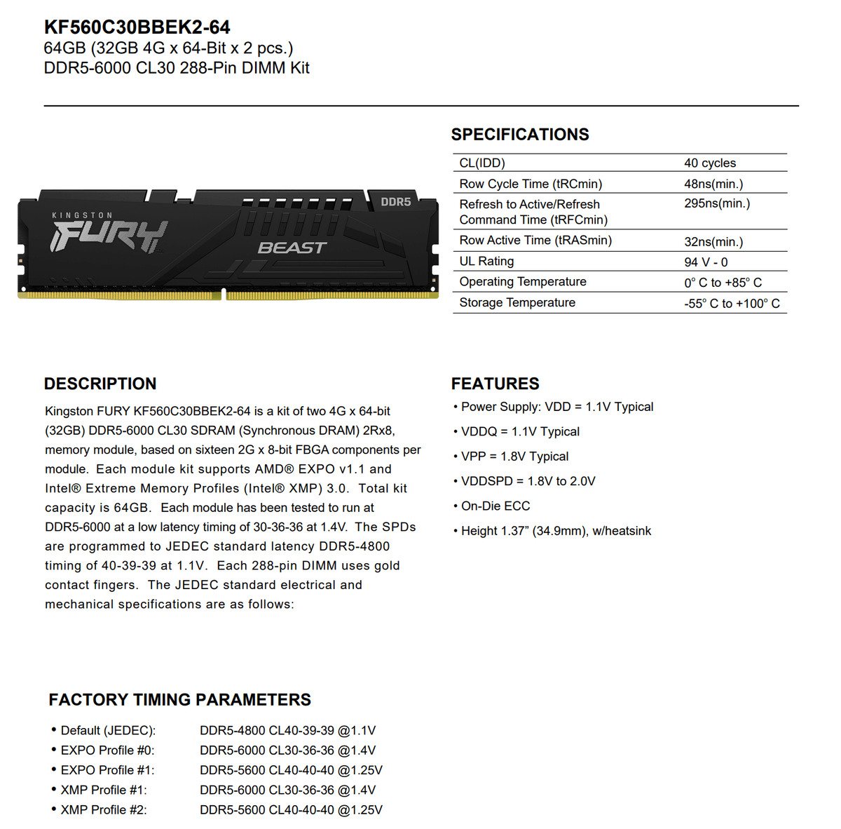 Kingston金士頓 32Gx2 DDR5-6000 FURY Beast獸獵者 記憶體 CL30 雙通道