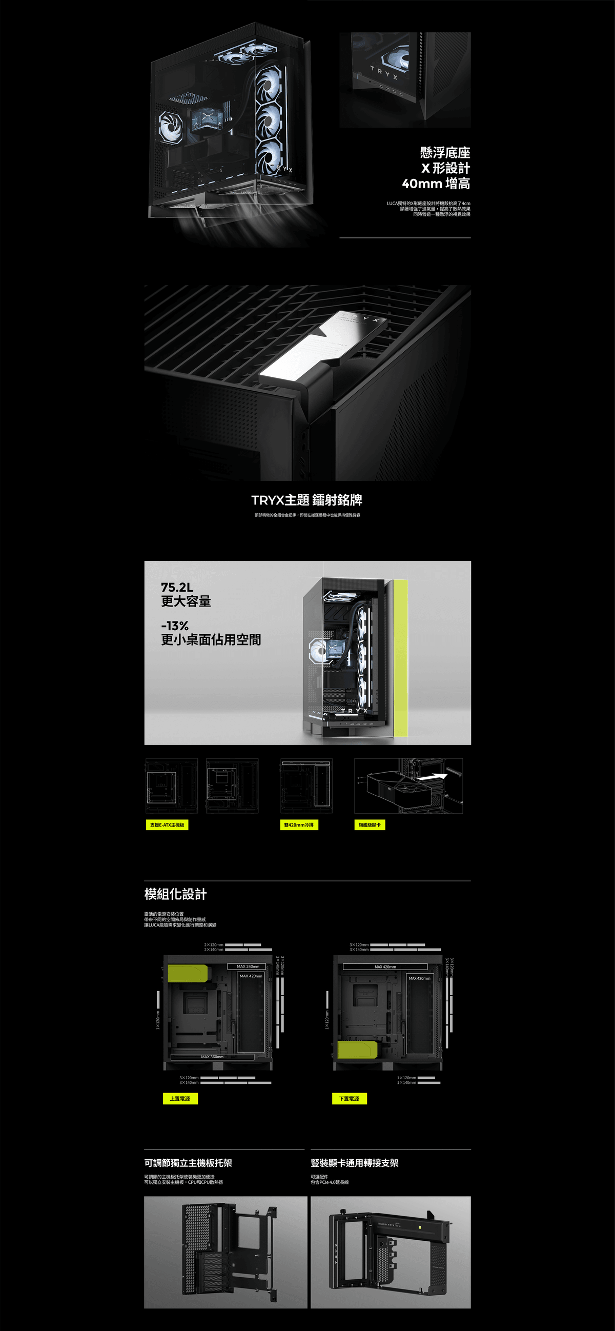 TRYX】LUCA L70 懸浮X型底座 鋁合金 E-ATX海景機殼 黑（精品級/背插/雙420/航太級鋁合金)