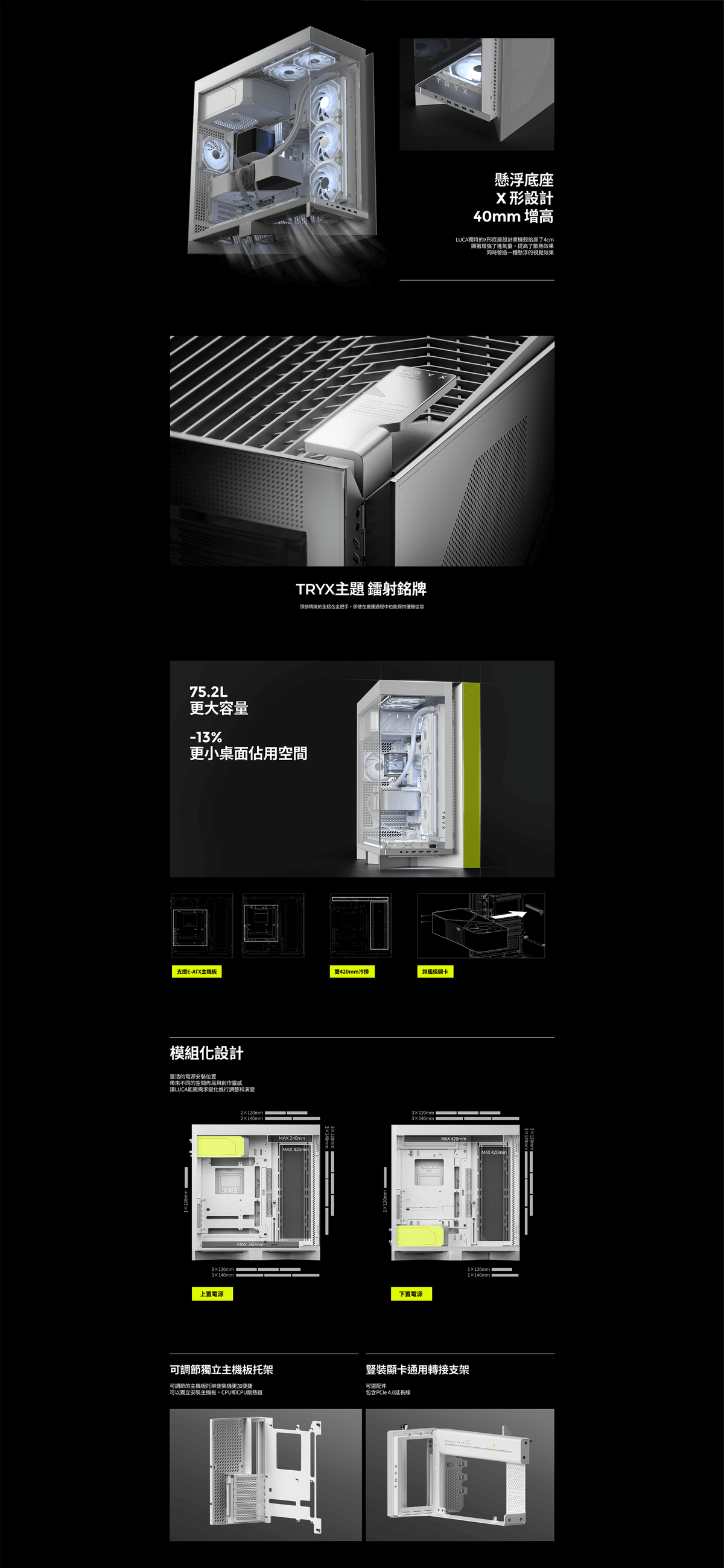 TRYX】LUCA L70 懸浮X型底座 鋁合金 E-ATX海景機殼 白（精品級/背插/雙420/航太級鋁合金)