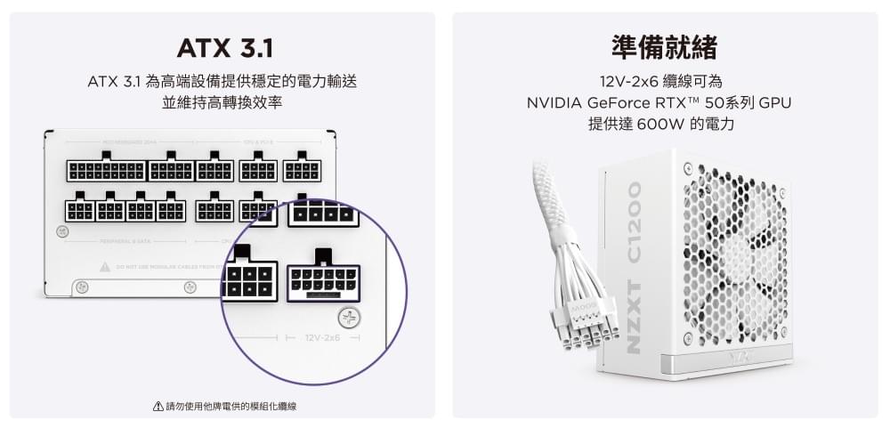 NZXT 恩傑【NZXT美商恩傑】C1200 ATX3.1 金牌全模電源 純白(12年換新/近白金效率/雙金認證/12V-2X6)
