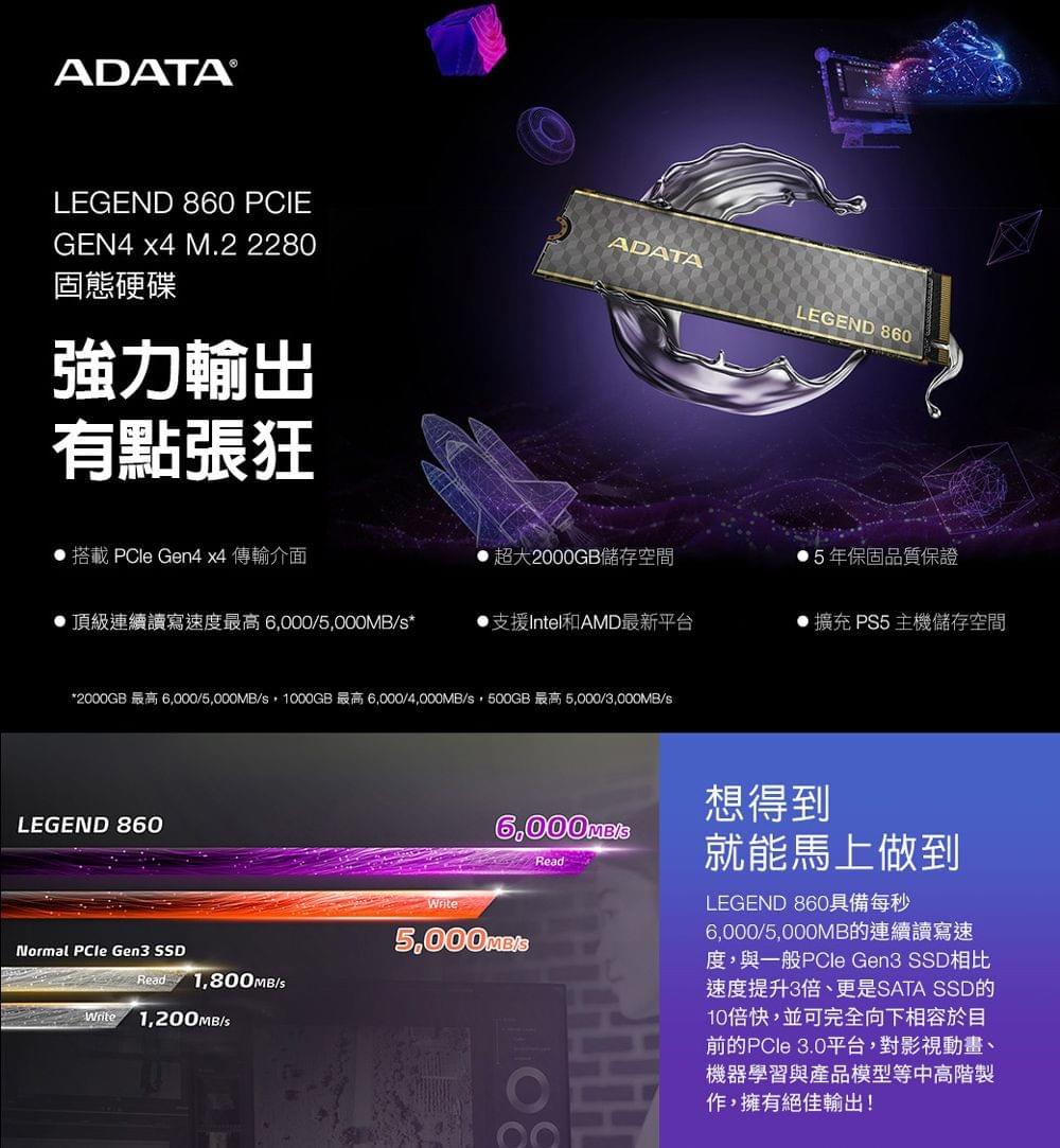 ADATA 威剛LEGEND 860 1TB PCIe Gen4x4 M.2 2280 SSD固態硬碟