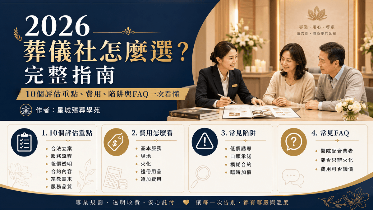 面對親人離世，多數人都是第一次接觸殯葬服務，因此常不知道該如何挑選葬儀社，也擔心遇到收費不透明、服務品質不佳或臨時加價等問題。本篇由星城殯葬學苑整理最新殯葬實務，提供一份完整且中立的選擇指南，幫助家屬在短時間內做出合適決策。