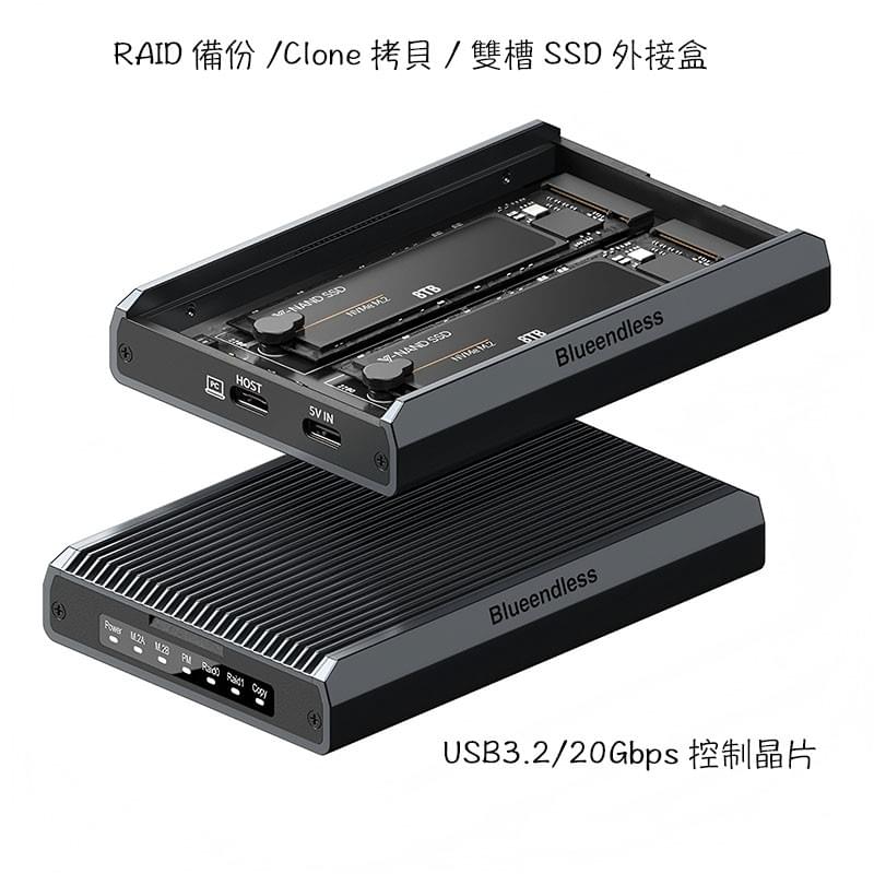 RAID鏡像備份 Clone拷貝 雙槽雙協議M.2 SSD硬碟外接盒,USB3.2 20Gbps控制晶片,SSD拷貝機