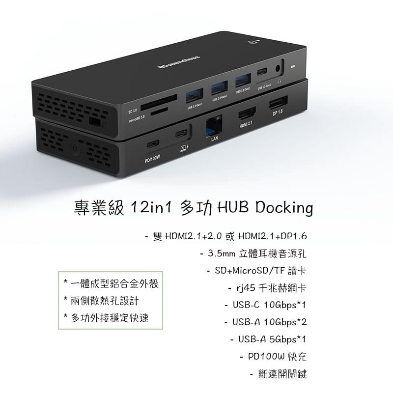 專業級12in1 HUB Docking擴展塢集線器,雙HDMI,單HDMI+DP,8K 30Hz轉大螢幕,USB3.2 10Gbps傳輸協議