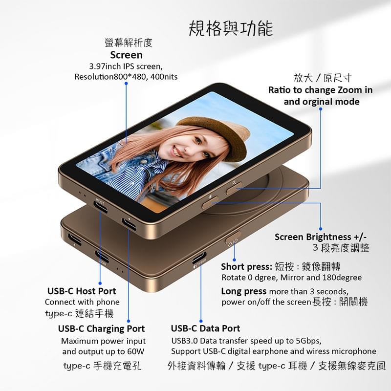 iPhone15/16Pro Selfie自拍鏡像監視螢幕,Type-C手機 Selfie monitor,手機主鏡頭觀看螢幕,手機第二個螢幕