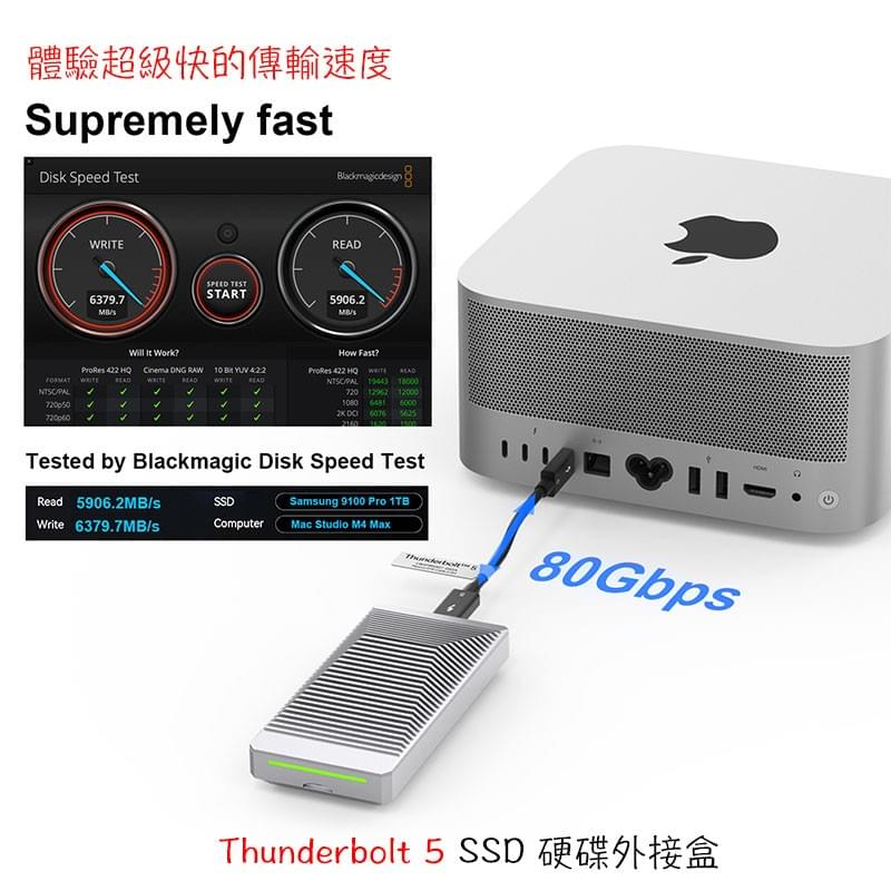 Thunderbolt 5 80Gbps硬碟外接盒,TB5 M.2 SSD硬碟外接盒,Apple M5晶片電腦TB5相容