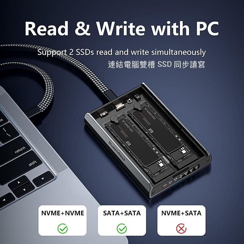 RAID鏡像備份 Clone拷貝 雙槽雙協議M.2 SSD硬碟外接盒,USB3.2 20Gbps控制晶片,SSD拷貝機