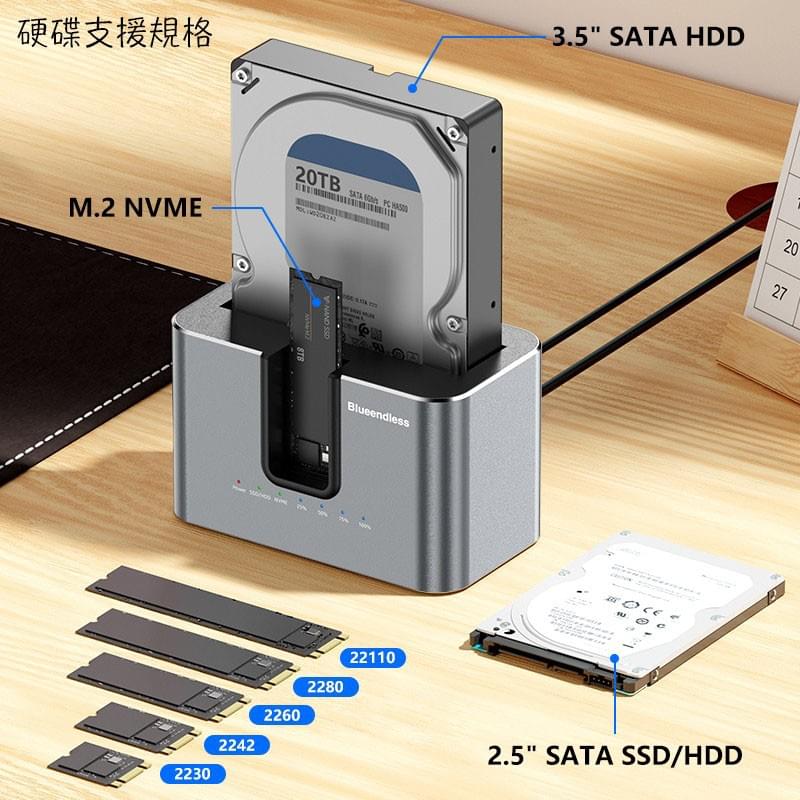 M.2 NVMe SSD to 2.5/3.5吋SATA HDD雙向雙規雙槽硬碟拷貝機,雙槽硬碟外接盒,雙槽硬碟外接插座