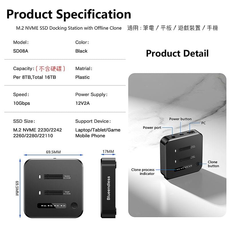 雙槽1對1 M.2 NVMe SSD拷貝機,USB3.2 20Gbp M.2 NVMe SSD硬碟外接盒,M.2 NVMe SSD clone dock