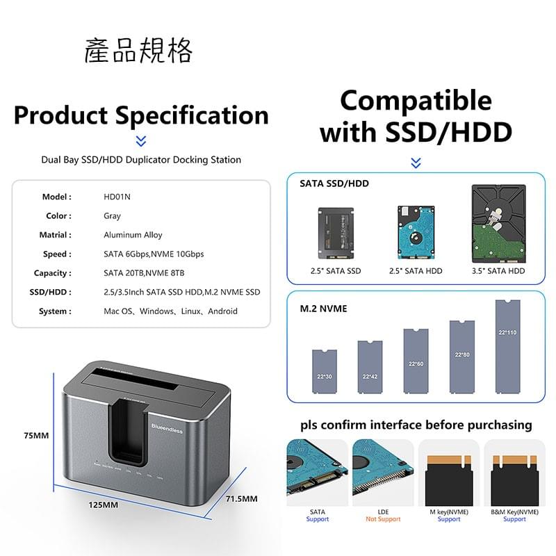M.2 NVMe SSD to 2.5/3.5吋SATA HDD雙向雙規雙槽硬碟拷貝機,雙槽硬碟外接盒,雙槽硬碟外接插座