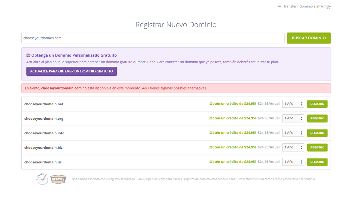 Página de registro de dominios de Strikingly
