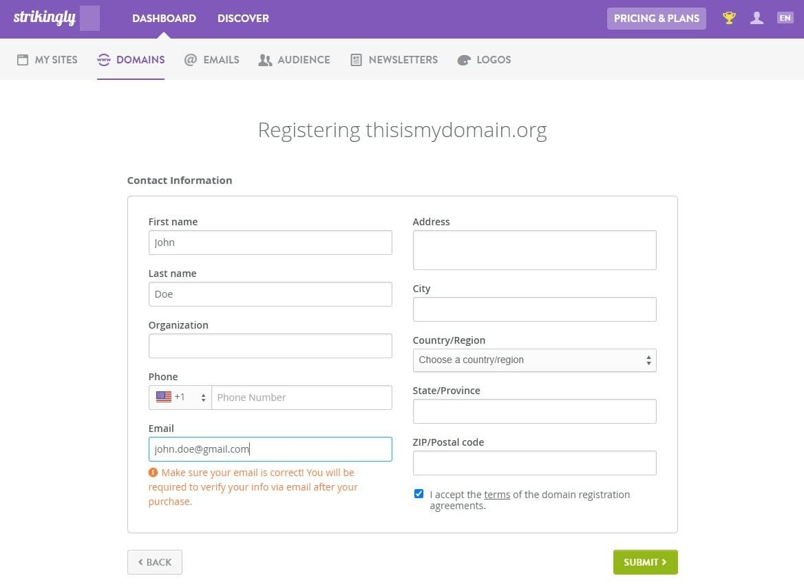 Página de registro de dominio sorprendente