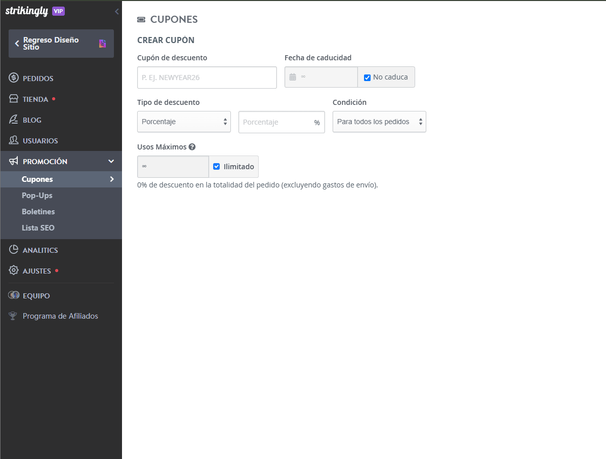 Página de configuración de cupones sorprendentemente