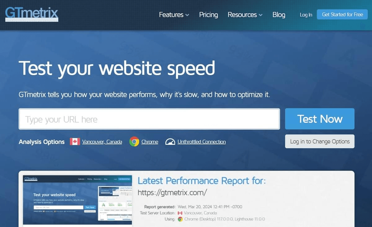 Sitio web de GTMetrix
