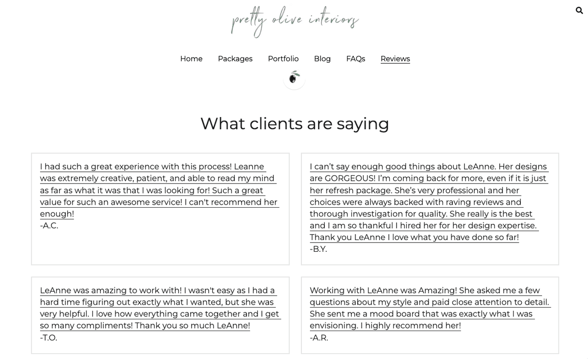 Página de testimonios de Pretty Olive Interiors