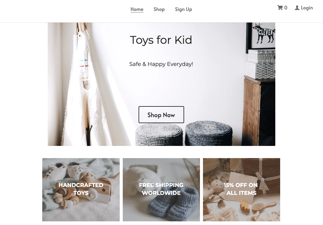 Mall för webbutik för små leksaker från Strikingly
