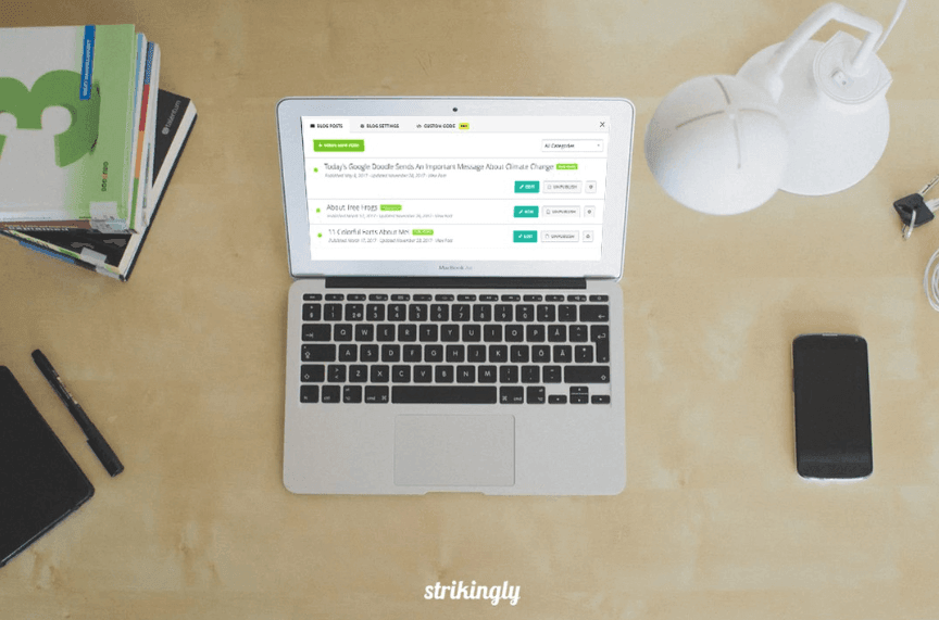 Panel de control del blog Strikingly