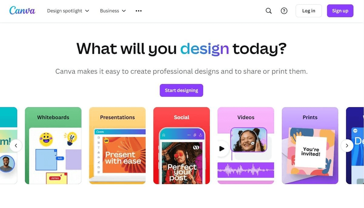 página de inicio de Canva