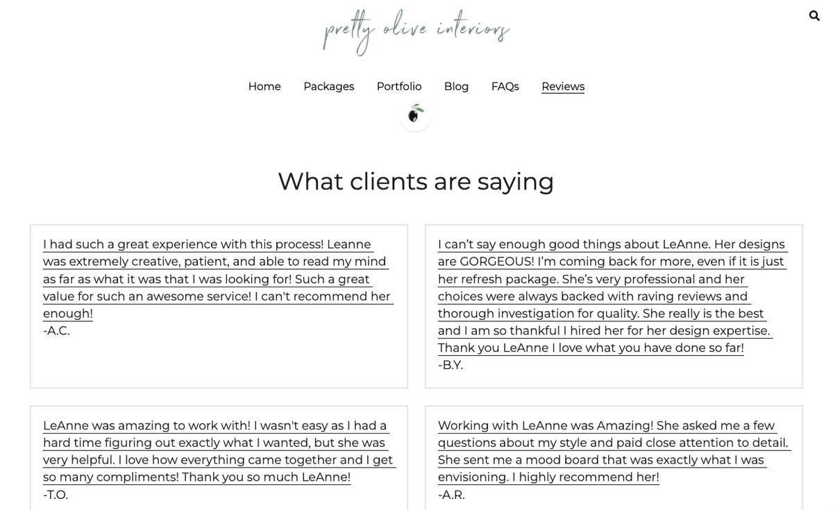 Página de testimonios de Pretty Olive Interiors